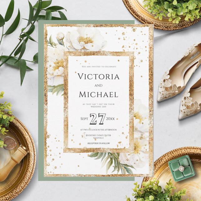 Convites Casamento Dourado Elegante Branco Floral (Criador carregado)