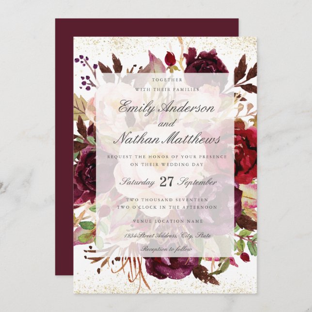 Convites Casamento Dourado Elegante Burgundy (Frente/Verso)