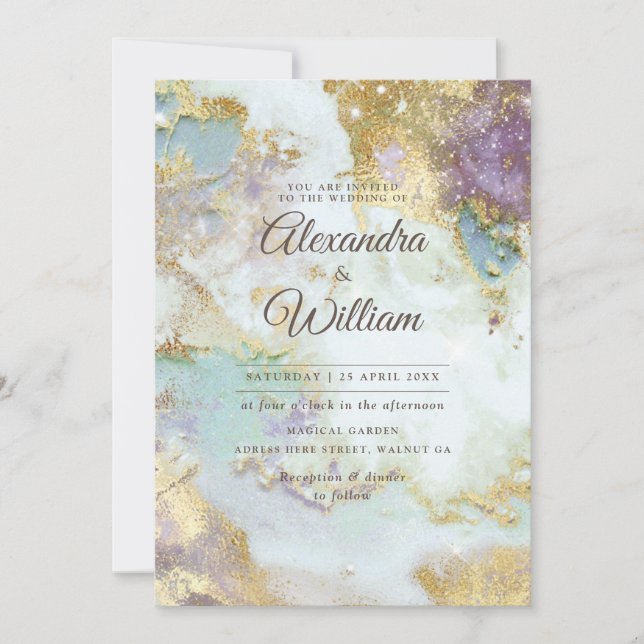 Convites Casamento Dourado Elegante Celestial Watercolor (Frente)