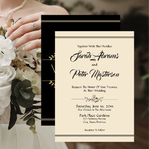 Convites Casamento Dourado Elegante de Black e Linen -