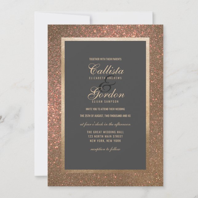 Convites Casamento Dourado Elegante de Borda Glitter Espess (Frente)