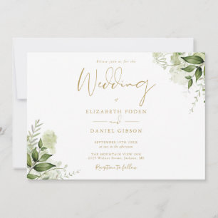 Convites Casamento Dourado Elegante de Foto Floral Greenery