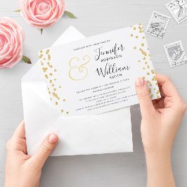 Convites Casamento Dourado Elegante de Script Confetti