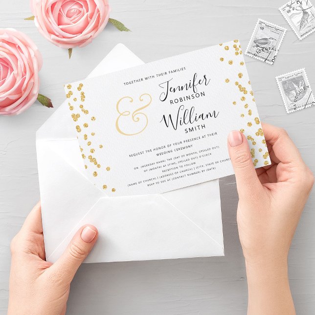 Convites Casamento Dourado Elegante de Script Confetti (Elegant Gold Glitter Confetti Script Wedding Invitation)