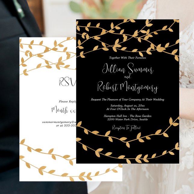 Convites Casamento Dourado Elegante deixa preto e branco (Elegant Gold Leaves Black and White Wedding Invitation)