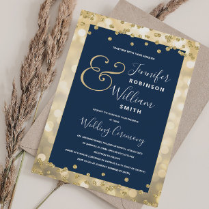 Convites Casamento Dourado elegante dos azuis marinhos de