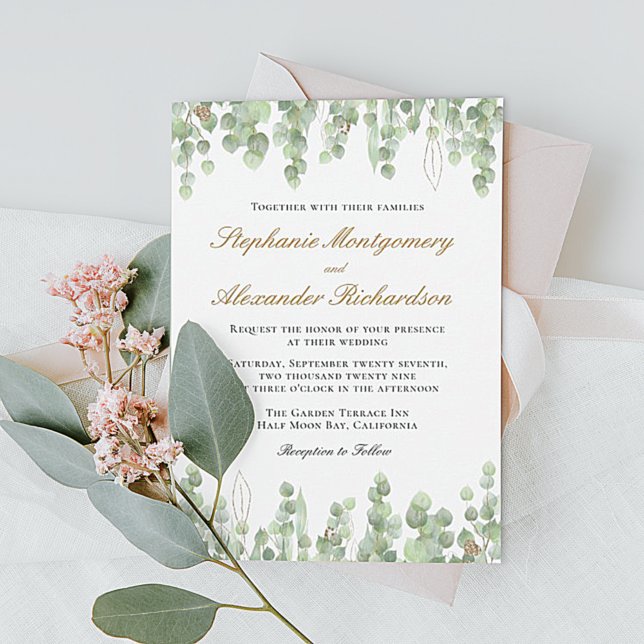 Convites Casamento Dourado Elegante Eucalyptus Greenery (Criador carregado)