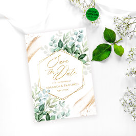 Convites Casamento Dourado Elegante Eucalyptus Salve a Data