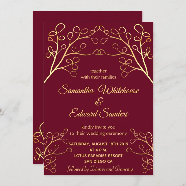 Convites Casamento Dourado Elegante Floral Burgundy (Frente/Verso)