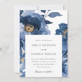 Convites Casamento Dourado Elegante Floral Dusky Azul