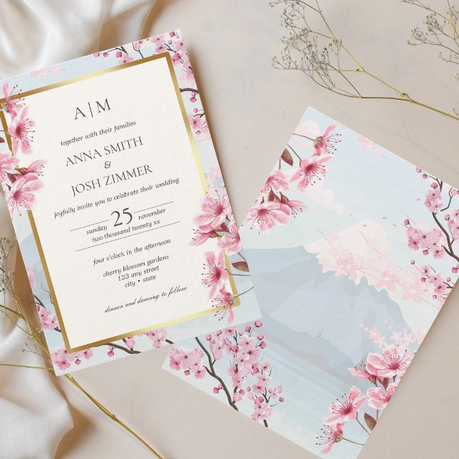 Convites Casamento Dourado Elegante Japonês Cherry Blossom (Cherry Blossom Wedding Invitation)
