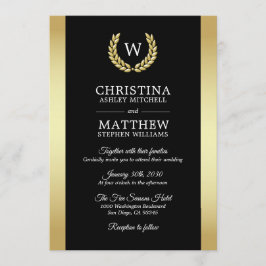 Convites Casamento Dourado Elegante Laurel Wreath Monograma