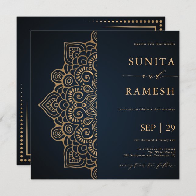 Convites Casamento Dourado Elegante Mandala Indiano Escuro  (Frente/Verso)
