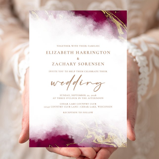 Convites Casamento Dourado Elegante Marble Burgundy (Criador carregado)