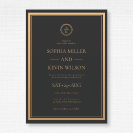 Convites Casamento Dourado Elegante Moderno Monograma Preto