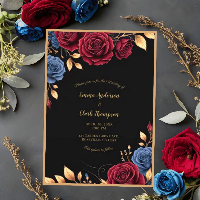 Convites Casamento Dourado Elegante Moody Dark Floral (Criador carregado)