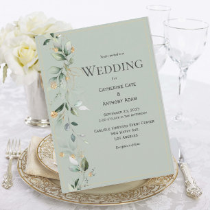 Convites Casamento Dourado Elegante Russo Eucalyptus Sage