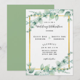Convites Casamento Dourado Elegante Sage Green