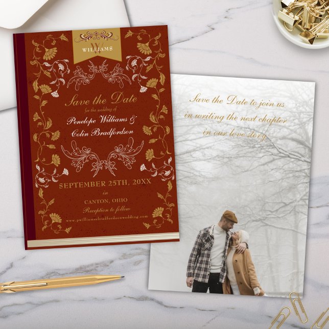 Convites Casamento Dourado Elegante Terra Cotta Salvar Data (elegant terra cotta and gold wedding save the date invitation for vintage victorian era book lovers)