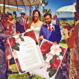 Convites Casamento Dourado Elegante Vermelho Cor-de-Rosa Fl