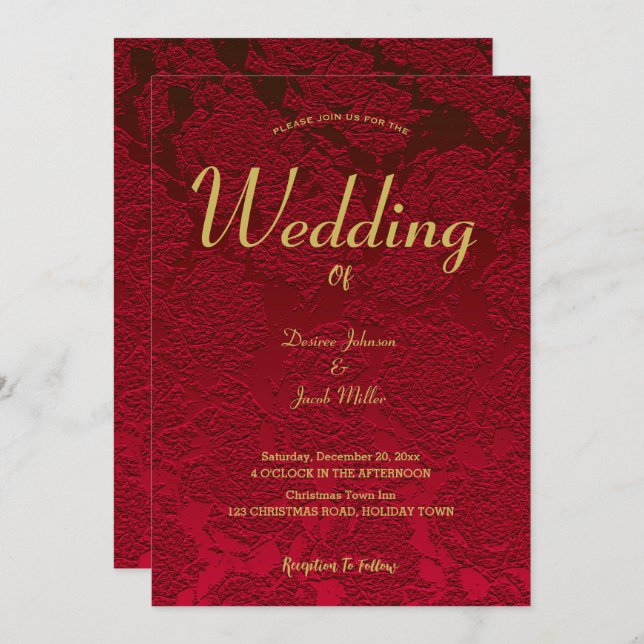 Convites Casamento Dourado Elegante Vermelho Floral Moderno (Frente/Verso)