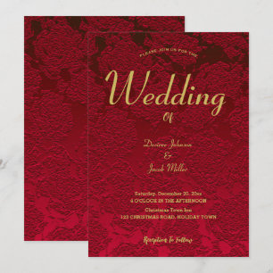 Convites Casamento Dourado Elegante Vermelho Floral Moderno