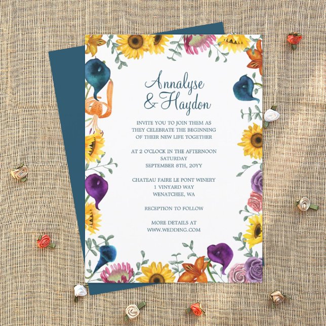 Convites Casamento Dourado entre Sunflower, Marinho e Plum  (yellow sunflowers and plum purple, orange tiger lilies wedding invitations)