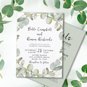 Convites Casamento Dourado Eucalyptus All-In-One Moderno