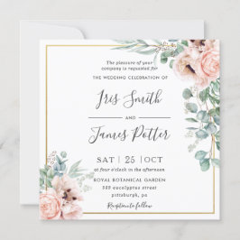 Convites Casamento Dourado Eucalyptus Floral Rosa-Blush