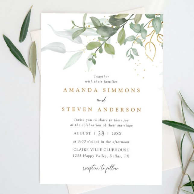 Convites Casamento Dourado Eucalyptus Greenery Boho Sage (Criador carregado)
