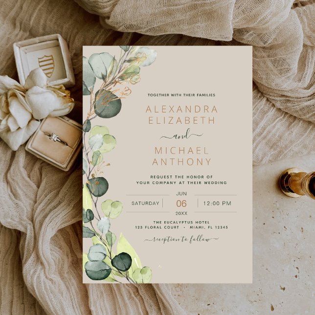 Convites Casamento Dourado Eucalyptus Greenery Taupe Beige (Criador carregado)
