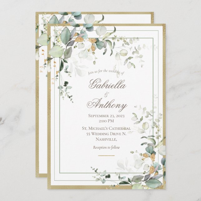 Convites Casamento Dourado Eucalyptus Russo Elegante (Frente/Verso)