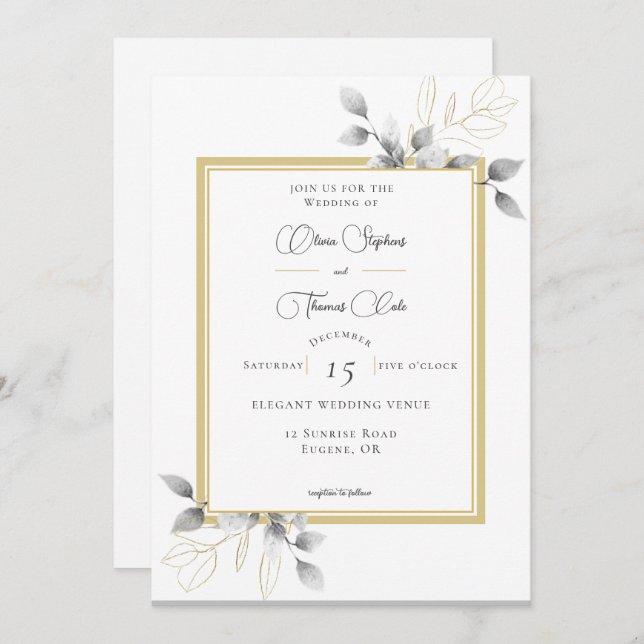 Convites Casamento Dourado Eucalyptus Rustic Elegante (Frente/Verso)