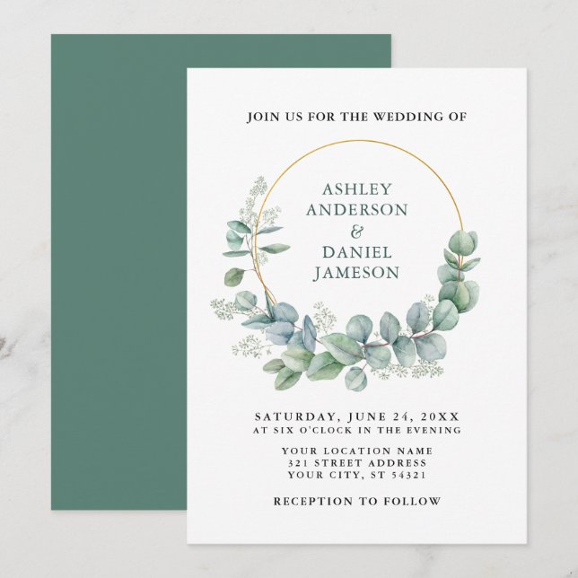 Convites Casamento Dourado Eucalyptus Verde Watercolor (Frente/Verso)