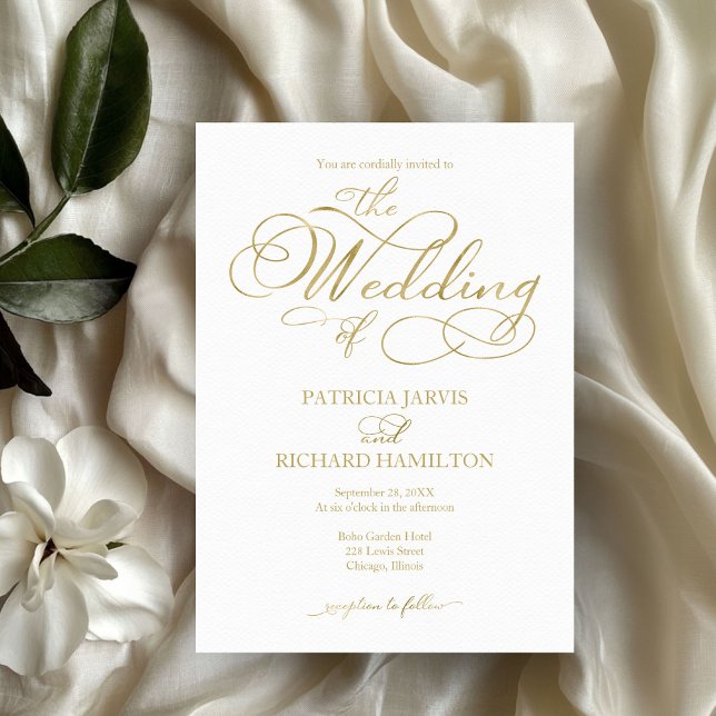 Convites Casamento Dourado Faux Foil Script Simples Elegant (Criador carregado)