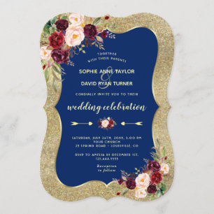 Convites Casamento Dourado Floral Azul Borgonha Marinho Rea