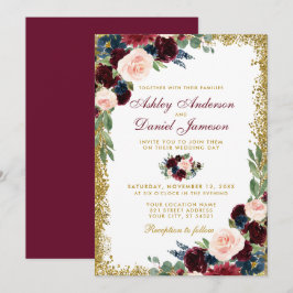 Convites Casamento Dourado Floral Azul Burgundy