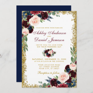 Convites Casamento Dourado Floral Azul Burgundy B