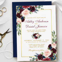 Casamento Dourado Floral Azul-Burgundy B