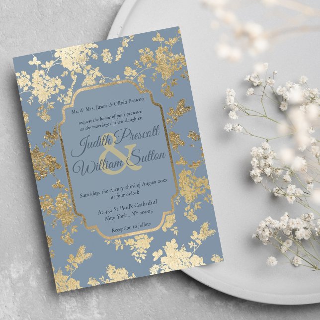 Convites Casamento Dourado Floral Azul com Estilo Elegante (Elegant Style Dusty Blue Gold Floral Wedding )