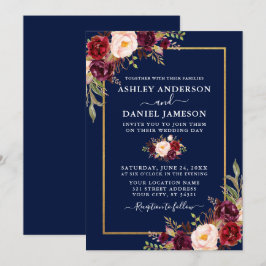Convites Casamento Dourado Floral Azul com Watercolor Burgu