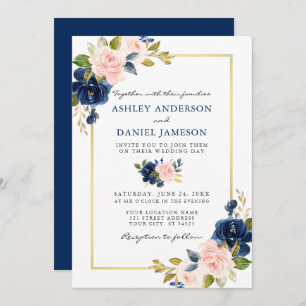 Convites Casamento Dourado Floral Azul Cor-de-Água Clássica