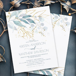 Convites Casamento Dourado Floral Azul de Boho