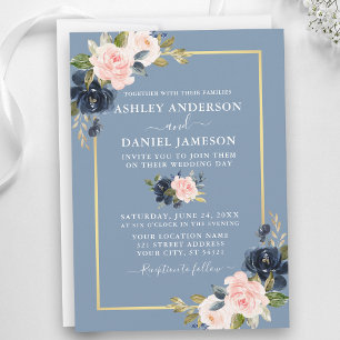 Convites Casamento Dourado Floral Azul-Dusty Moderno