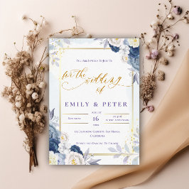 Convites Casamento Dourado Floral Azul Elegante Dusty