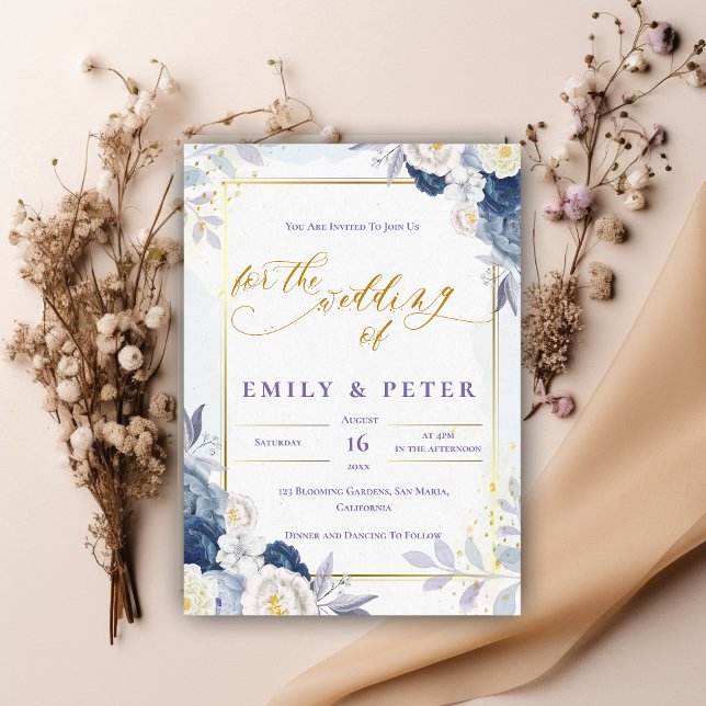 Convites Casamento Dourado Floral Azul Elegante Dusty (Elegant Dusty Blue Floral Gold Border Wedding Invitation)