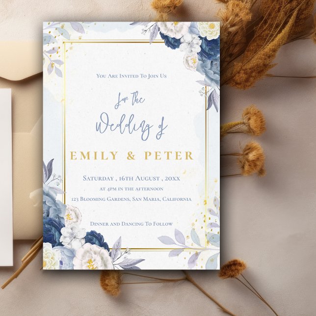 Convites Casamento Dourado Floral Azul Elegante Dusty (Elegant Dusty Blue Floral Gold Border Wedding Invitation)