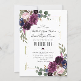 Convites Casamento Dourado Floral Azul Marinho Elegante