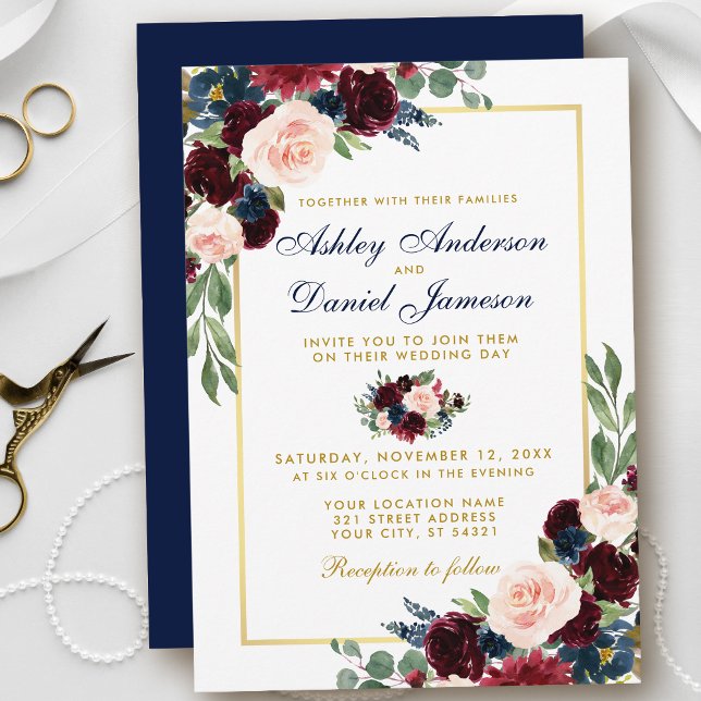 Convites Casamento Dourado Floral Azul Watercolor Burgundy  (Customize to change text color, style, add text & photos to back or change color of back of card.)