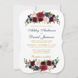 Convites Casamento Dourado Floral Blue Burgundy GB